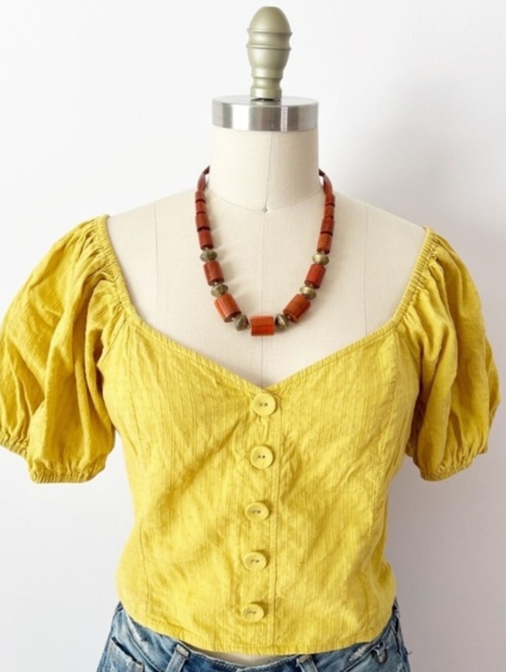 ModCloth Blouse Mustard Yellow Puff Sleeve‎ Smocked Back Sweetheart Top L